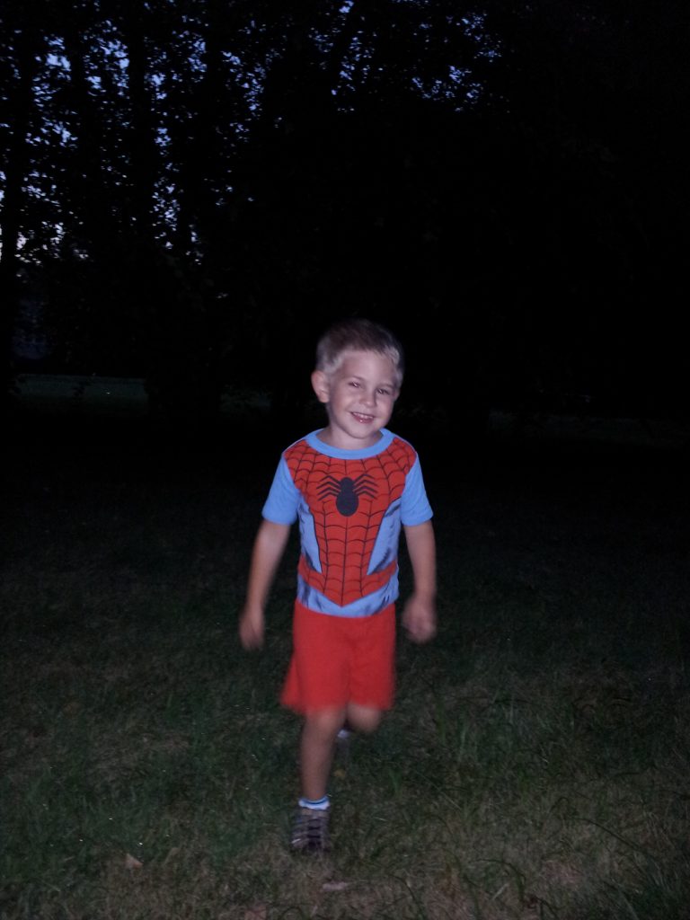 Rocking out the chase in the Spideman jammies