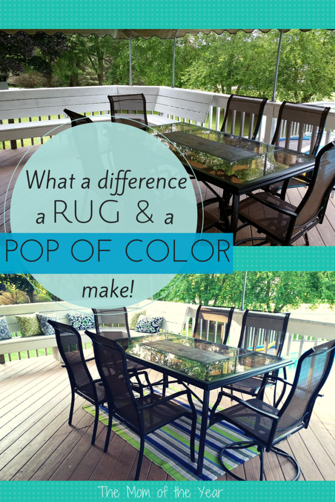 A rug and a few colorful pillows make all the difference! Spruce up your deck or patio with a little redecoration today!