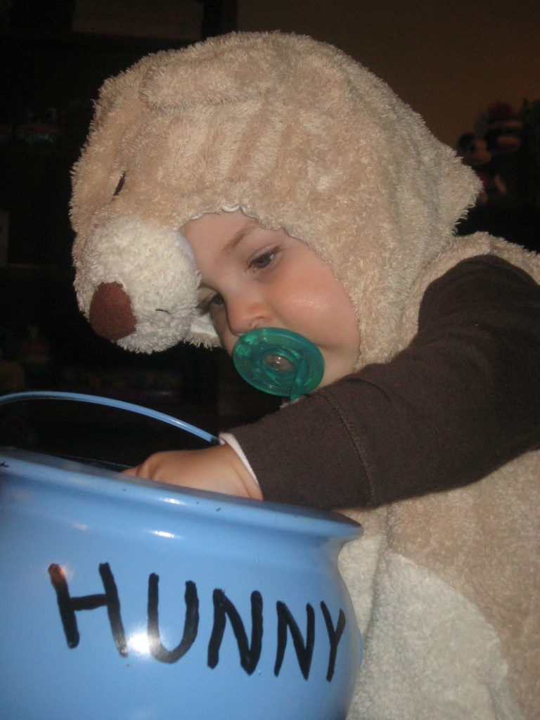 Baby Boy dressing as bear for Halloween with Hunny Pot @meredithspidel