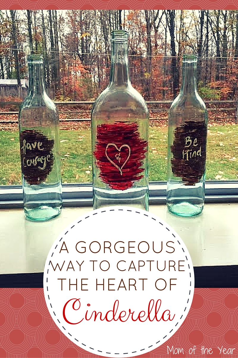 The sweet and powerful heart of the Cinderella movie is captured so beautifully in the wine bottle DIY craft. This home decor idea is a simple, easy way to add a touch of love, courage, heart, and kindness to your home decor!