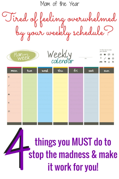 Feeling overwhelmed by your weekly schedule? Here are 4 heathly steps you MUST make to getting your daily grind organized and under control. I promise, this will help. Especially if you commit to the 3rd tip, you will finally be able work that white space and breaks into your family calendar and keep it there!