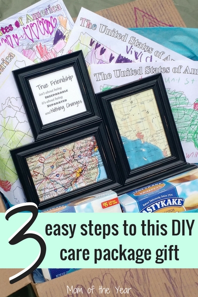 Have a long-distance friend you'd like to send a gift to, but not sure what to give? This DIY map craft care package gift is the perfect, sweet, personal touch that will mean so much! Check the 3 easy how-to steps, plus these fun ideas for getting kids involved. Bonus geography lesson included!