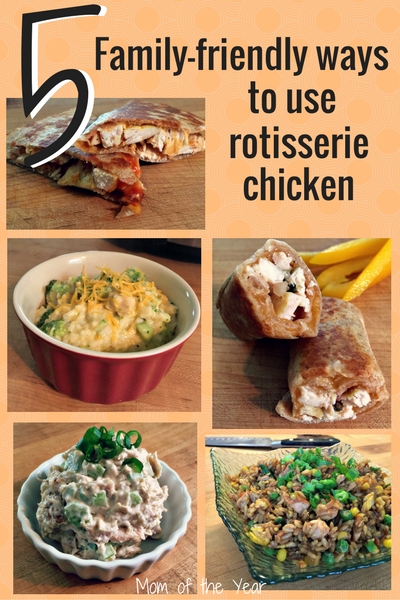 Looking for an easy dinner short-cut? Check out these 5 family-friendly ways to use rotisserie chicken! Cheap, easy recipes your whole family will love! I am tickled--would never have thought of the 4th one, a total crowd-pleaser!