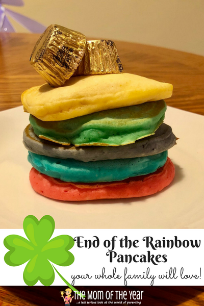 Looking for a perfect, easy St. Patrick's Day treat? These End of the Rainbow St. Patrick's Day Pancakes are a HUGE hit with the whole family--and so easy and fun! The perfect breakfast treat!