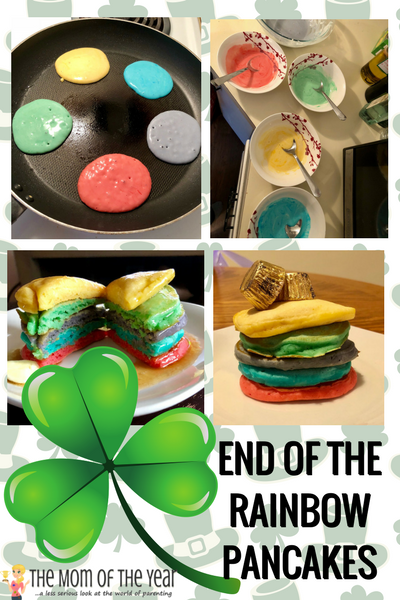 Looking for a perfect, easy St. Patrick's Day treat? These End of the Rainbow St. Patrick's Day Pancakes are a HUGE hit with the whole family--and so easy and fun! The perfect breakfast treat!