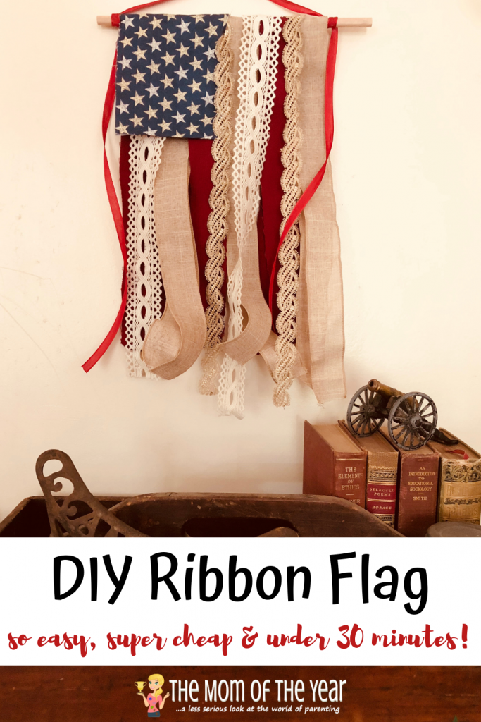 This DIY ribbon flag is the perfect July 4th decoration for your rustic, antiqued home decor theme! IT's SO EASY AND CHEAP to make, plus only takes 30 minutes! Make sure to grab the pro tip in the post too!