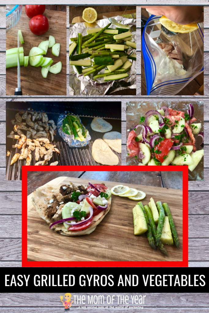 This easy grilled gyros and vegetable recipe is PERFECT for summer! No fuss, no mess, and can all be done outside on the grill! Check out the smart way to make the marinade too!