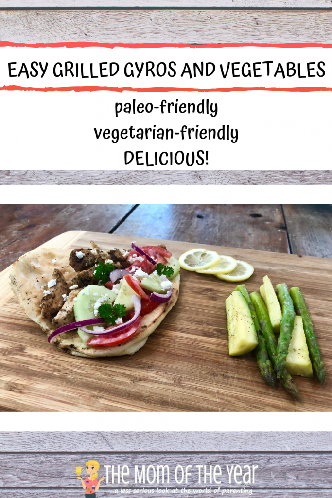 This easy grilled gyros and vegetable recipe is PERFECT for summer! No fuss, no mess, and can all be done outside on the grill! Check out the smart way to make the marinade too!