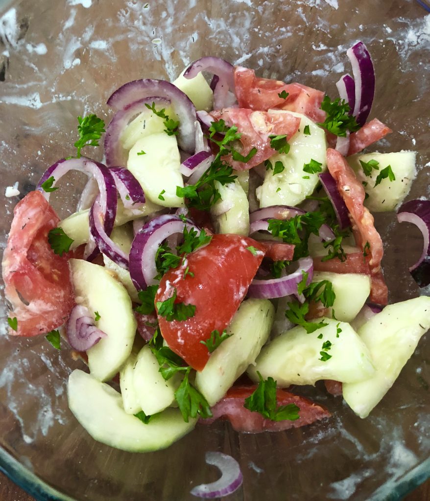 Put all of these ingredients a bowl and add the juice of 1 lemon, 1 teaspoon of pepper, and ¼ cup of tzatziki sauce. Mix together and place in the fridge until mealtime.